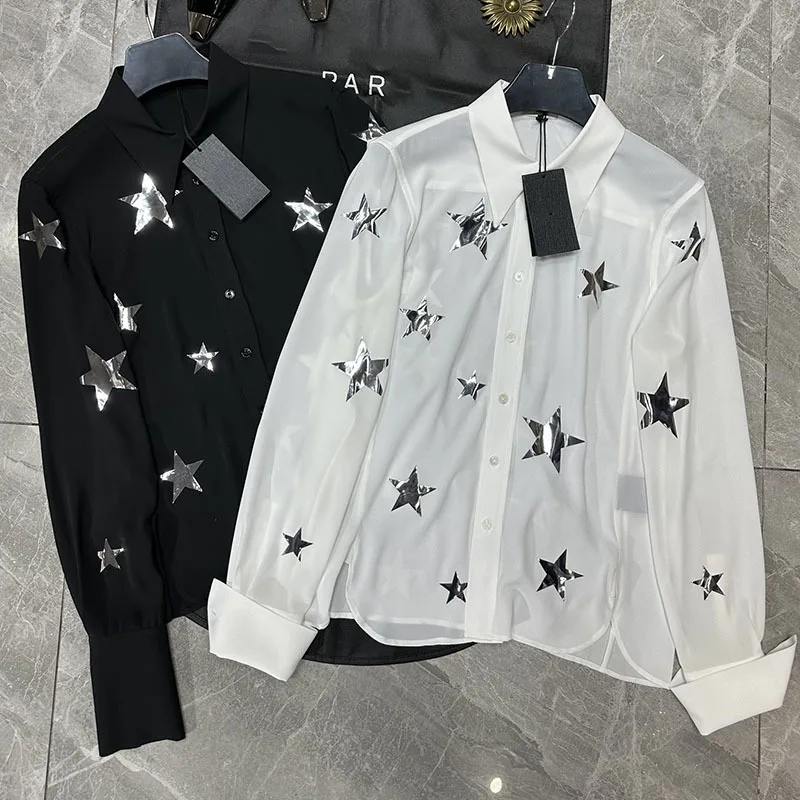 Classic Simple Bright Silver Five Pointed Star Shirts Fashion Street Single Breasted Lapel Blouses 2Colors High End Clothes New
Classic Simple Bright Silver Five Pointed Star Shirts Fashion Street Single Breasted Lapel Blouses 2Colors High End Clothes New