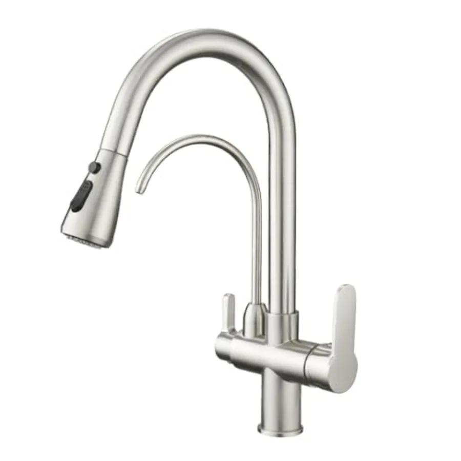 Kitchen Sink Faucet with Pull Down Sprayer 2 Handle 3 in 1 Water Filter Purifier Faucets Brushed Nickel 0195SN
Kitchen Sink Faucet with Pull Down Sprayer 2 Handle 3 in 1 Water Filter Purifier Faucets Brushed Nickel 0195SN