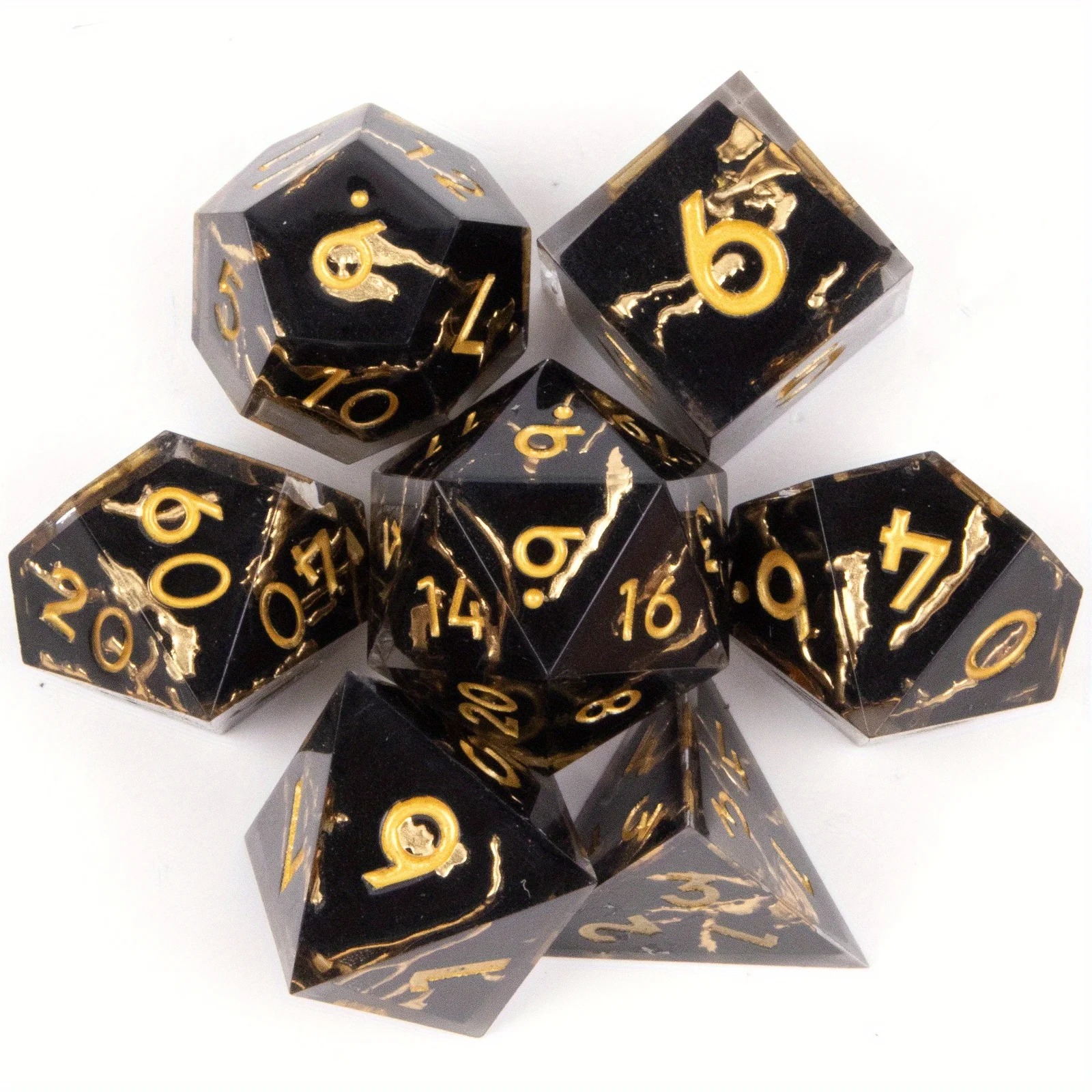 7 Pcs Black Golden Stripe Resin Golden Number Sharp Edge Dice Polyhedral Dice Suitable for Role-Playing RPG Board Game
7 Pcs Black Golden Stripe Resin Golden Number Sharp Edge Dice Polyhedral Dice Suitable for Role-Playing RPG Board Game