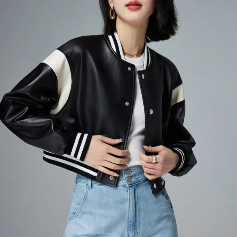 Leather Baseball Jacket Female Short O-Neck Contrast Color Stitching Sheepskin Moto Coats Women Spring Autumn Leather Coat TF377
Leather Baseball Jacket Female Short O-Neck Contrast Color Stitching Sheepskin Moto Coats Women Spring Autumn Leather Coat TF377