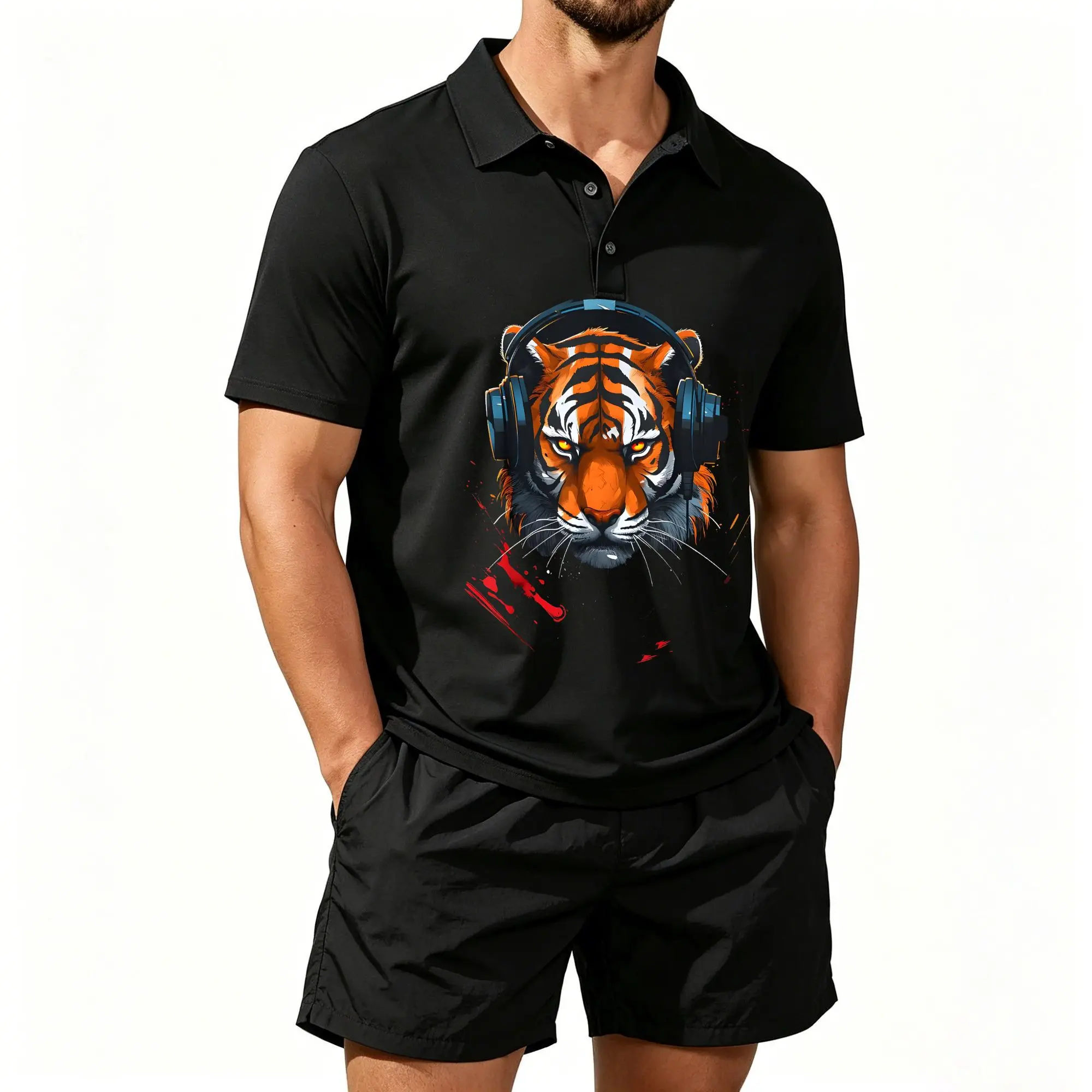 Men's Polo Shirt and Beach Shorts Set, Dj Music Tiger Style with Headphones, Casual and Comfortable Fit
Men's Polo Shirt and Beach Shorts Set, Dj Music Tiger Style with Headphones, Casual and Comfortable Fit