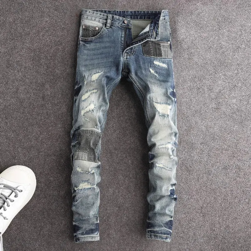 High Street Fashion Men Jeans Retro Washed Blue Stretch Slim Fit Ripped Jeans Men Patched Designer Hip Hop Denim Pencil Pants
High Street Fashion Men Jeans Retro Washed Blue Stretch Slim Fit Ripped Jeans Men Patched Designer Hip Hop Denim Pencil Pants
