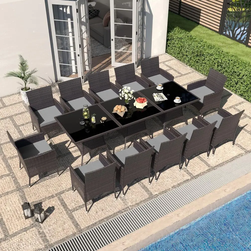 All-Weather Grey Rattan Outdoor Dining Set with Tempered Glass Table and Cushioned Chairs
All-Weather Grey Rattan Outdoor Dining Set with Tempered Glass Table and Cushioned Chairs