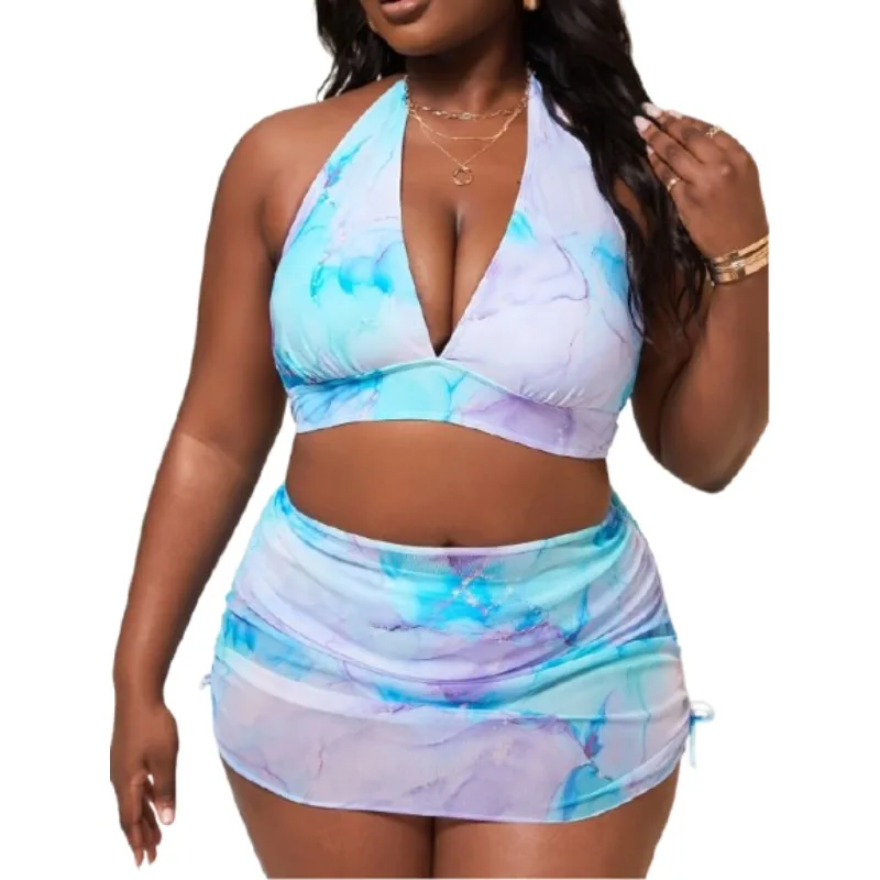 Plus Size Women Tie Dye 3-Piece Swimsuit Set Halter Bra High Waisted Bikini Bottom & Beach Skirt Sexy Swimwear
Plus Size Women Tie Dye 3-Piece Swimsuit Set Halter Bra High Waisted Bikini Bottom & Beach Skirt Sexy Swimwear