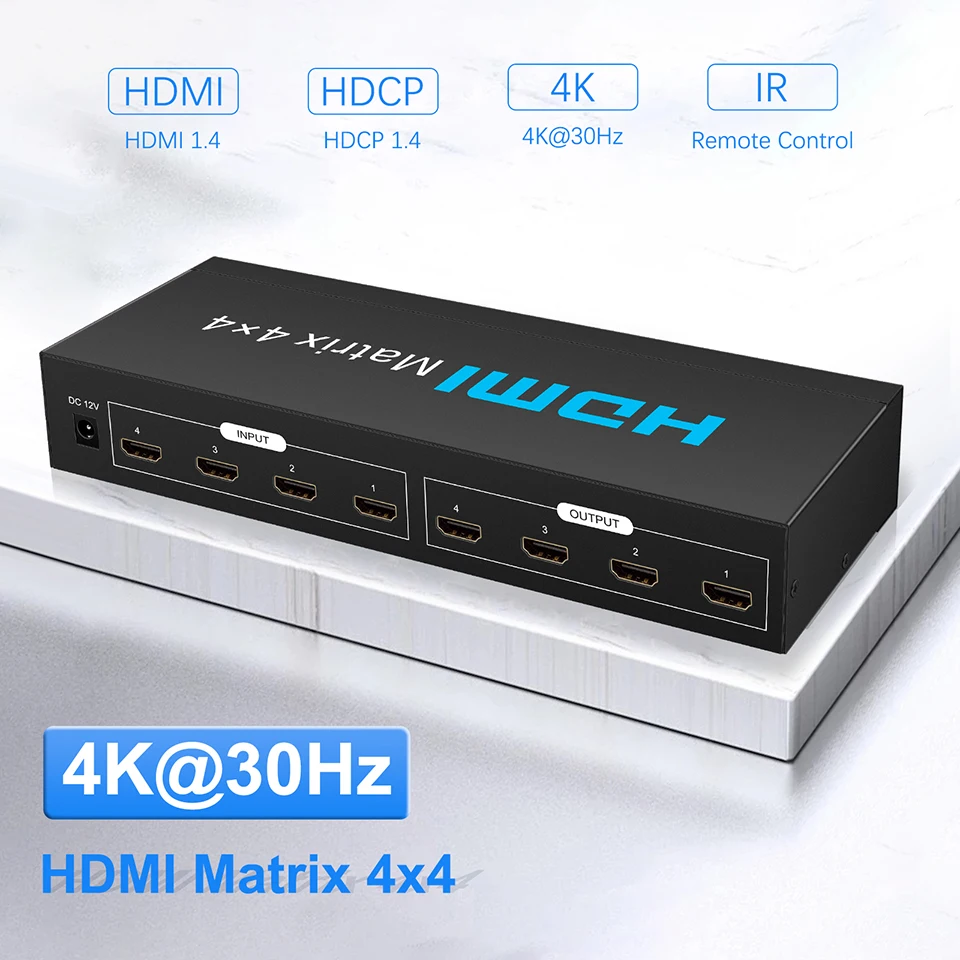 HDMI Matrix 4x4 HDMI Splitter Switch 4K30Hz HDMI Matrix Switcher 4 In 4 Out Box with IR Remote Control for TV Monitor
HDMI Matrix 4x4 HDMI Splitter Switch 4K30Hz HDMI Matrix Switcher 4 In 4 Out Box with IR Remote Control for TV Monitor