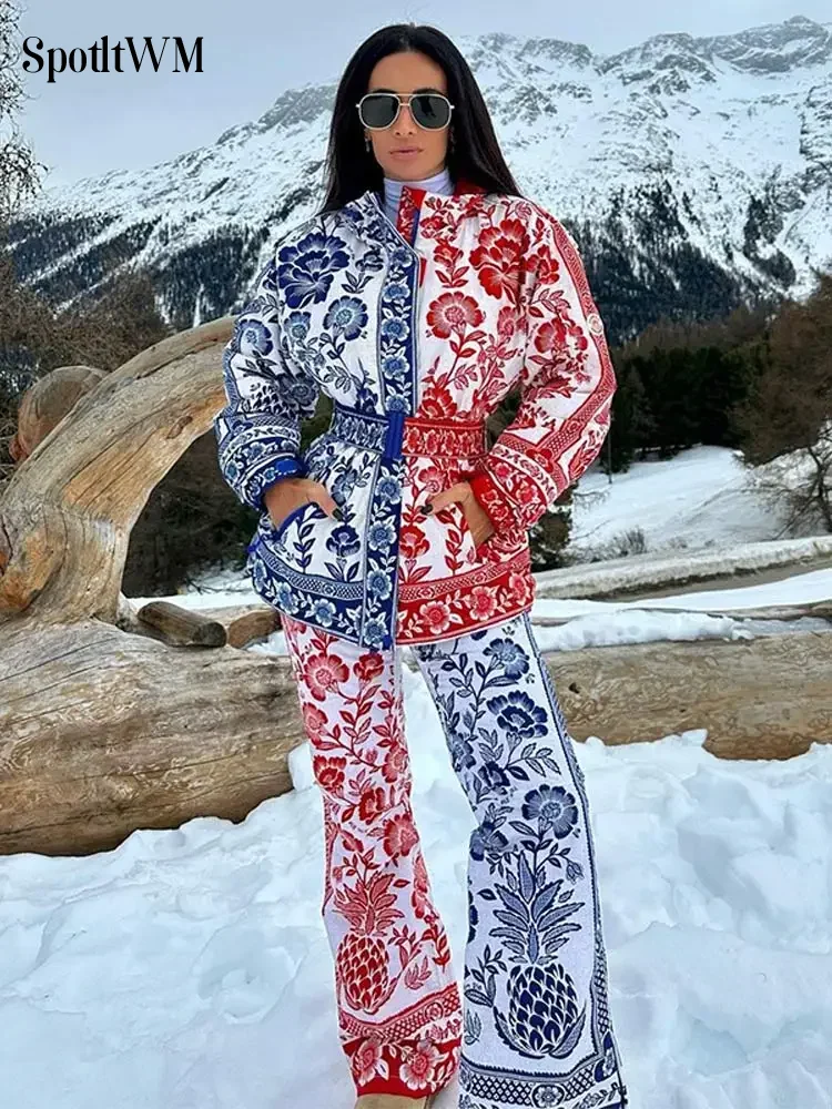 Женский винтажный костюм с контрастным принтом, хлопковое пальто и брюки, шикарный костюм с длинным рукавом и поясом, зимний теплый лыжный костюм
Женский винтажный костюм с контрастным принтом, хлопковое пальто и брюки, шикарный костюм с длинным рукавом и поясом, зимний теплый лыжный костюм