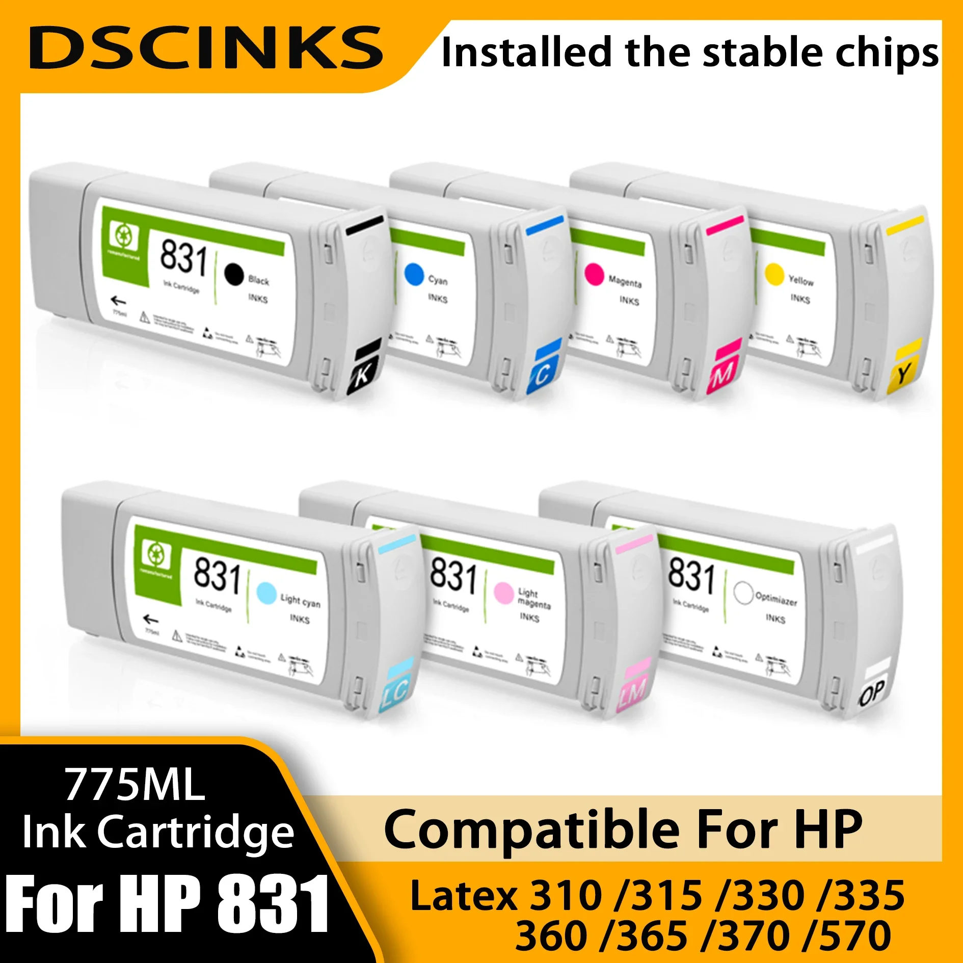 For HP 831 Compatible Ink Cartridge For HP Latex 310 For HP Latex 330 for HP Latex 360 Printer 775ml Latex ink With chip
For HP 831 Compatible Ink Cartridge For HP Latex 310 For HP Latex 330 for HP Latex 360 Printer 775ml Latex ink With chip