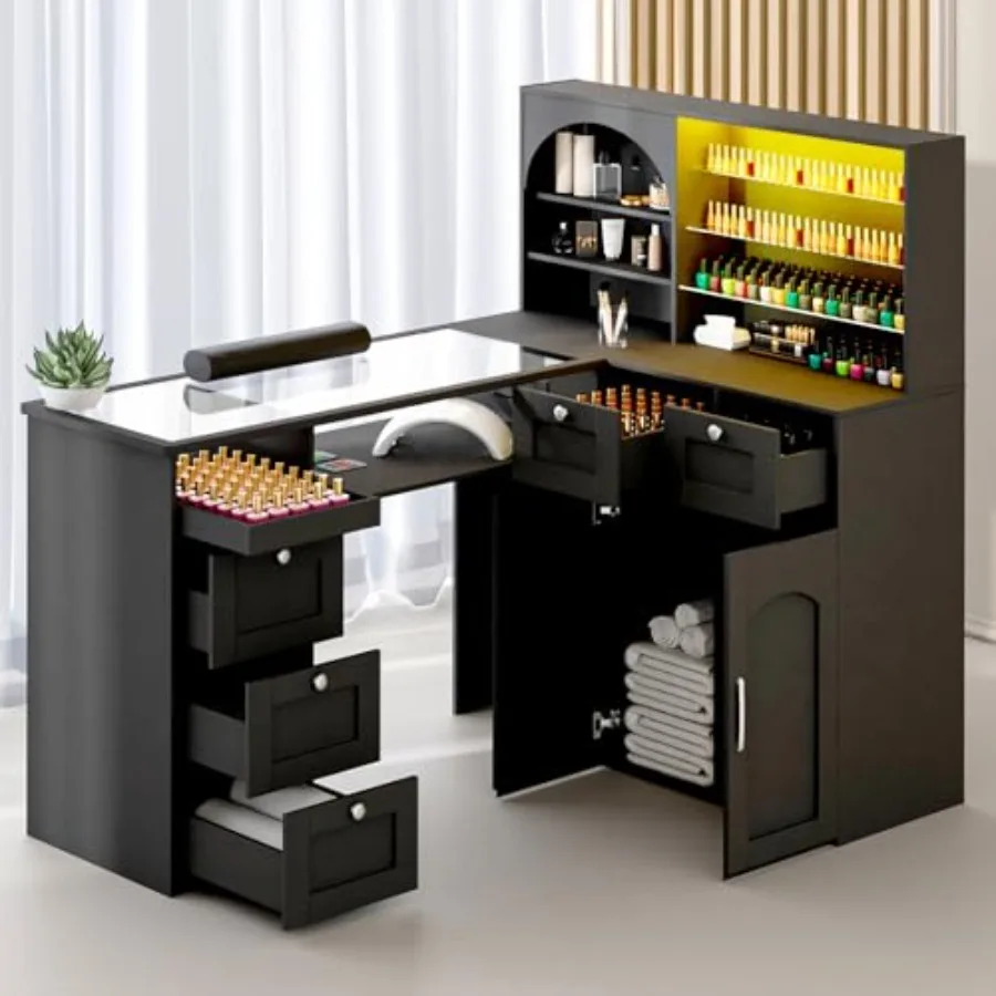 Manicure Table Nail Tech Desk w/LED Display Shelf, L-Shaped Glass Top Nail Station w/USB Ports, Cabinet, Drawer, Wrist Rest, fo
Manicure Table Nail Tech Desk w/LED Display Shelf, L-Shaped Glass Top Nail Station w/USB Ports, Cabinet, Drawer, Wrist Rest, fo
