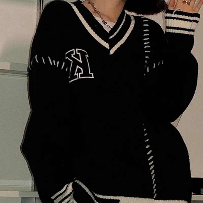 Harajuku Black Sweater Women Oversize Irregular Korean Streetwear Kop Chic Fashion Letter V-neck Jumper Female Pullover
Harajuku Black Sweater Women Oversize Irregular Korean Streetwear Kop Chic Fashion Letter V-neck Jumper Female Pullover