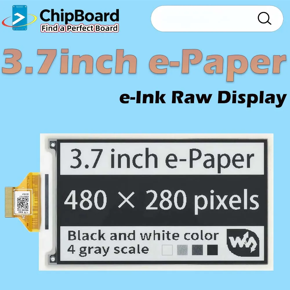 Waveshare 3.7inch e-Paper e-Ink Raw Display, 480*280, Black / White, 4 Grey Scales, SPI, Without PCB
Waveshare 3.7inch e-Paper e-Ink Raw Display, 480*280, Black / White, 4 Grey Scales, SPI, Without PCB