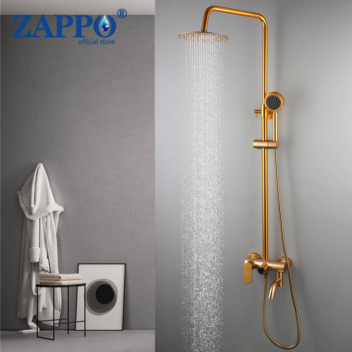 ZAPPO Gold Bathroom Shower Faucet Rainfall Shower Systerm Bathtub Mixer W/ Hand Shower Rotated Spray Bath Shower Faucet Set
ZAPPO Gold Bathroom Shower Faucet Rainfall Shower Systerm Bathtub Mixer W/ Hand Shower Rotated Spray Bath Shower Faucet Set