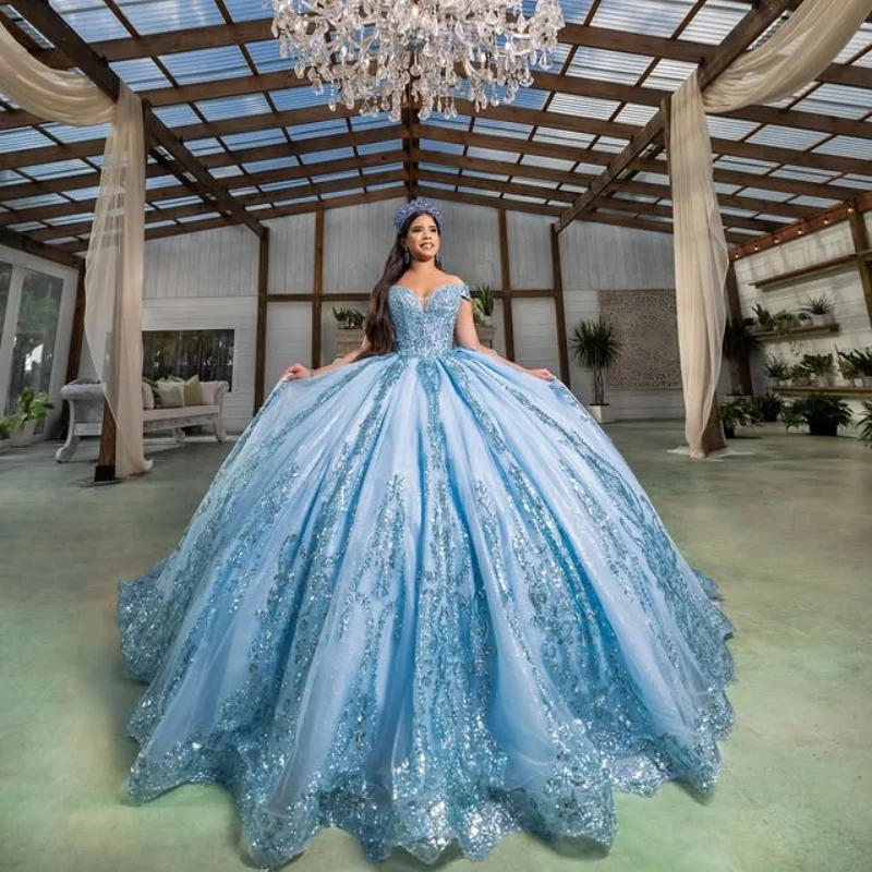 Customized Shiny sky blue Quinceanera Dresses Off the Shoulder sequin applique layering ruffle Long tail Vestido 15 Quinceanera
Customized Shiny sky blue Quinceanera Dresses Off the Shoulder sequin applique layering ruffle Long tail Vestido 15 Quinceanera