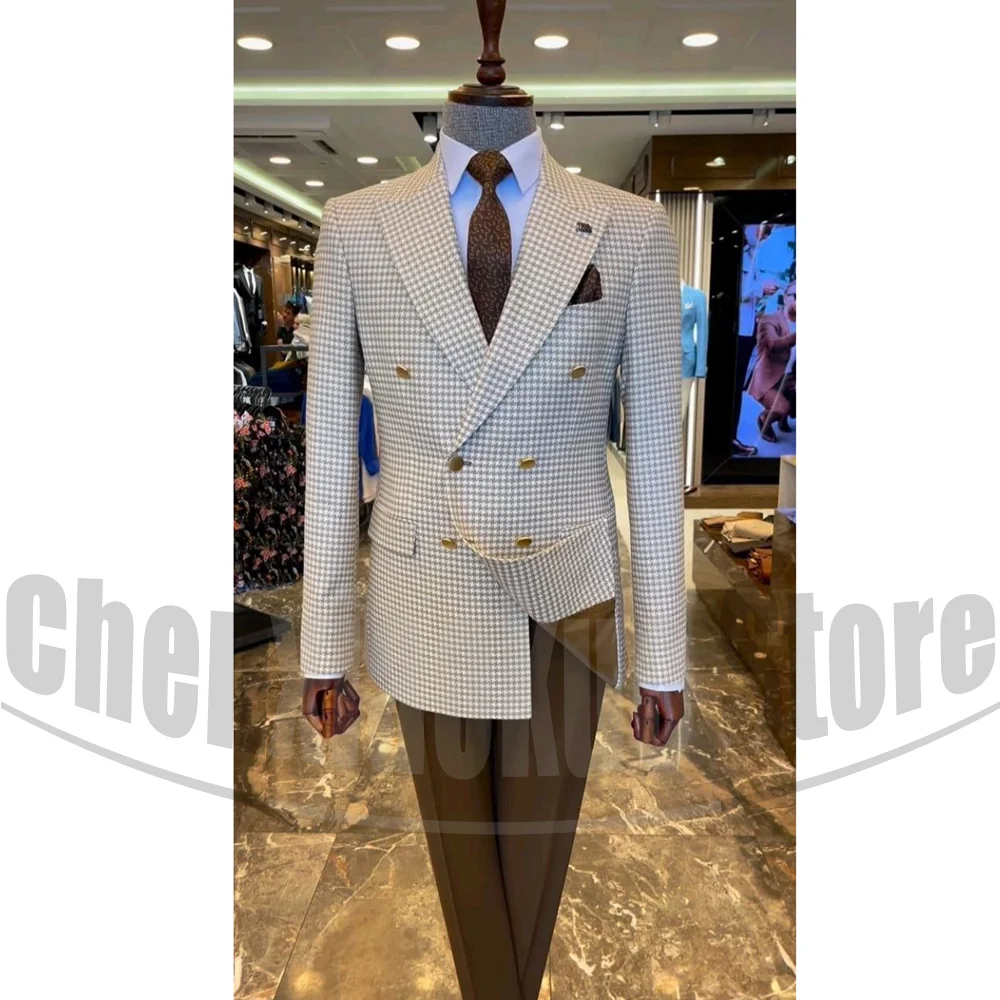 Men's Suit Houndstooth Double Breasted Blazer with Brown Pants Two Piece Fashion Business Casual Outfit Wedding Party Tuxedo
Men's Suit Houndstooth Double Breasted Blazer with Brown Pants Two Piece Fashion Business Casual Outfit Wedding Party Tuxedo