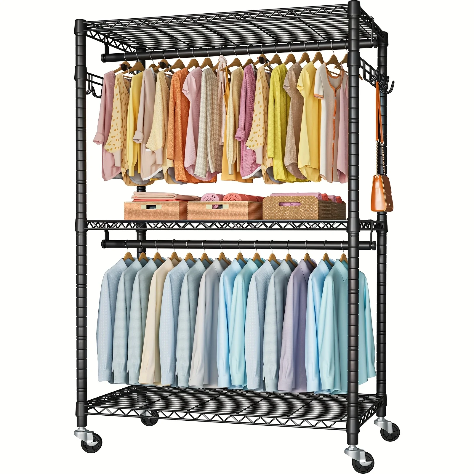 Rolling Closet Rack Heavy Duty Steel, 3-Tier 450lbs Capacity Garment Organizer, 35.4" W X 17.7" D X 73.2" H Space-Saving Design
Rolling Closet Rack Heavy Duty Steel, 3-Tier 450lbs Capacity Garment Organizer, 35.4" W X 17.7" D X 73.2" H Space-Saving Design