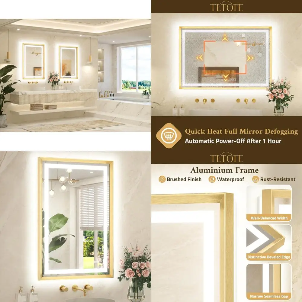 24x36 LED Wall-Mounted Vanity Mirror with Brushed Gold Frame, Backlit and Anti-Fog, 3 Color Temperatures: White/Warm/Natural
24x36 LED Wall-Mounted Vanity Mirror with Brushed Gold Frame, Backlit and Anti-Fog, 3 Color Temperatures: White/Warm/Natural