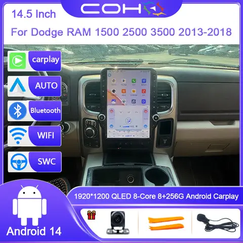 14,5 pulgadas para Dodge RAM 1500 2500 3500 2013-2018 pantalla Android14 reproductor Multimedia de 8 núcleos para coche receptor estéreo Radio GPS 4G WIFI