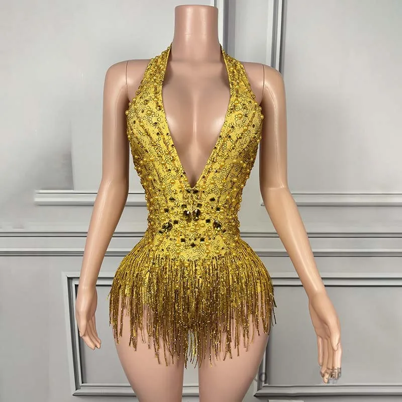 Sexy Gogo Dancer Clothing Golden Halter Tassel Sleeveless Dress Deep V-Neck Dresses Nightclub Bar Party Shwo Rave Outfit
Sexy Gogo Dancer Clothing Golden Halter Tassel Sleeveless Dress Deep V-Neck Dresses Nightclub Bar Party Shwo Rave Outfit