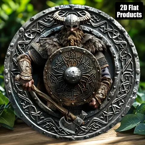 2D Flat, 2D flat printing, 1pc, round aluminum metal decorative sign, Viking warrior theme, suitable for bar kitchen cafe home r