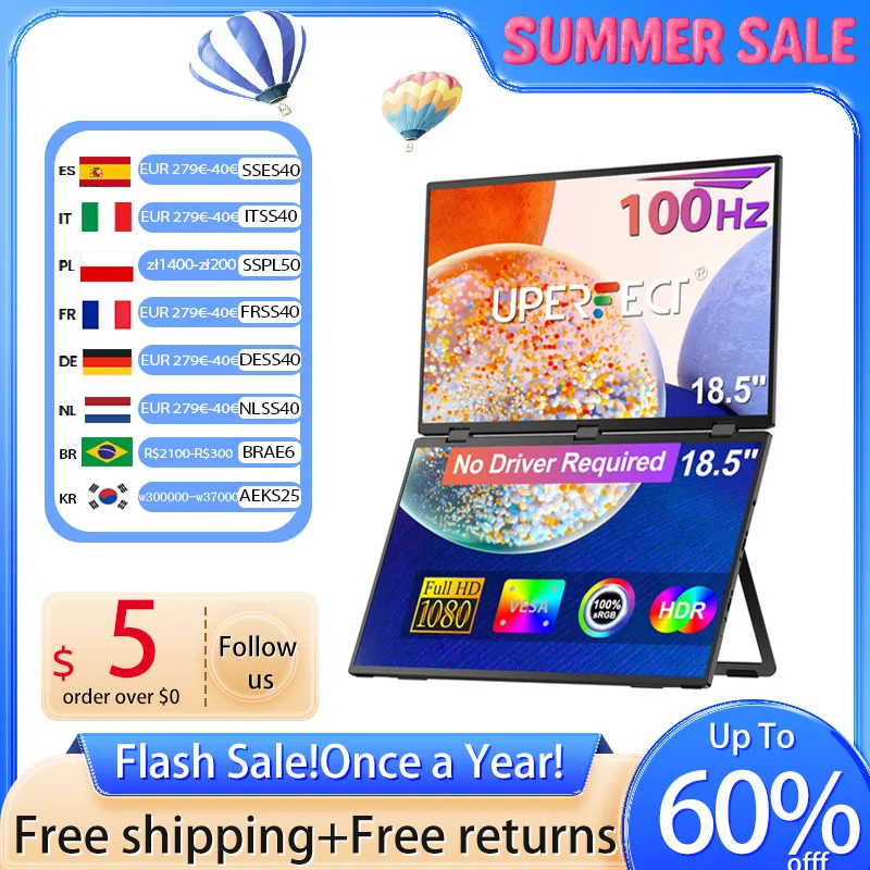 UPERFECT Delta 18.5" 100Hz Dual Portable Monitor Screen Extend 1080P HDR 360° Folding Stacked Triple Display For Laptop PC Phone
UPERFECT Delta 18.5" 100Hz Dual Portable Monitor Screen Extend 1080P HDR 360° Folding Stacked Triple Display For Laptop PC Phone