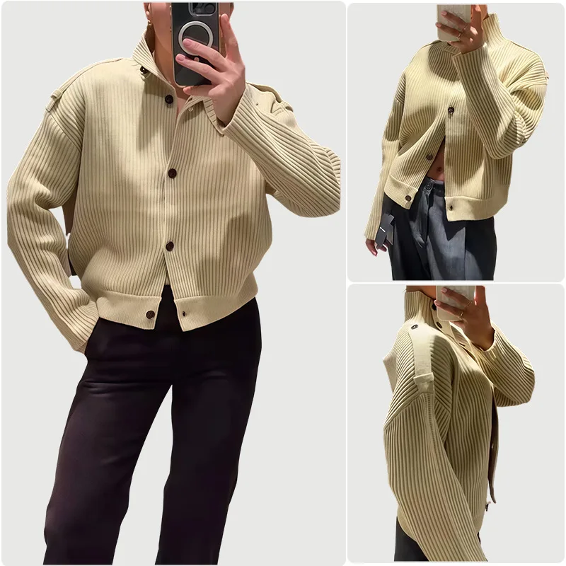 Apricot Stand Collar Knit Cardigan Vertical Rib Texture, Single-Breasted Buttons Vintage Loose Drop Shoulder Outerwear Women Top
Apricot Stand Collar Knit Cardigan Vertical Rib Texture, Single-Breasted Buttons Vintage Loose Drop Shoulder Outerwear Women Top