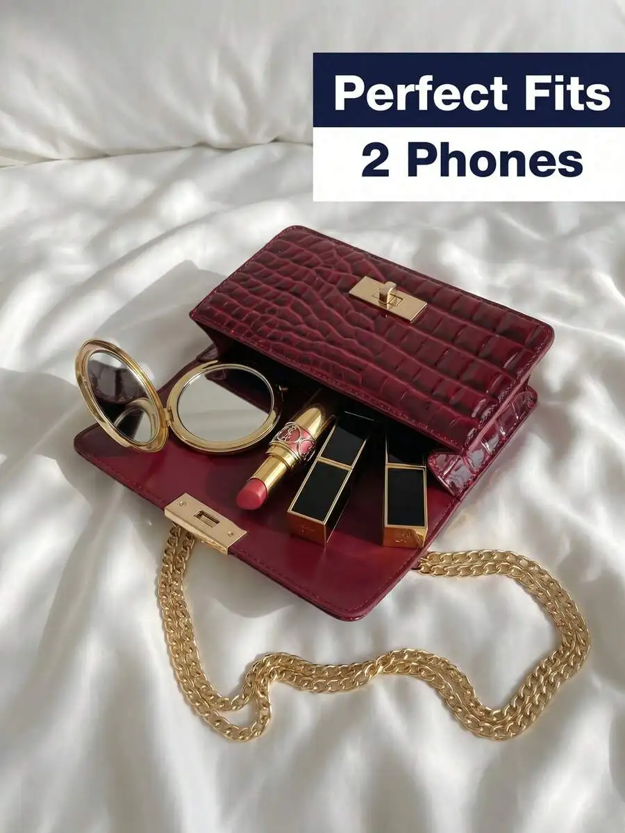 Mini Croc-Textured Flap Crossbody Bag With Gold Chain Strap, Fits Two Phones, For Formal Wear And Special Occasions
Mini Croc-Textured Flap Crossbody Bag With Gold Chain Strap, Fits Two Phones, For Formal Wear And Special Occasions