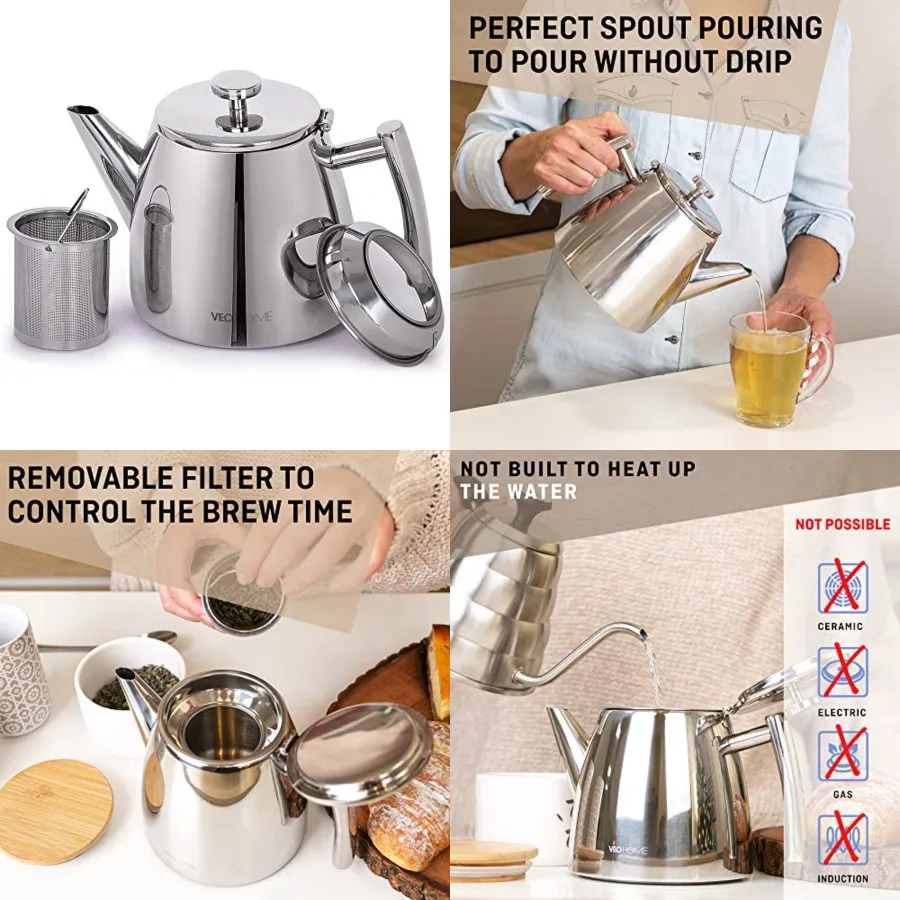 Stainless Steel Tea Pot with Infuser - Keeps Heat Thanks to its Double Wall, Siver (34 oz )…
Stainless Steel Tea Pot with Infuser - Keeps Heat Thanks to its Double Wall, Siver (34 oz )…