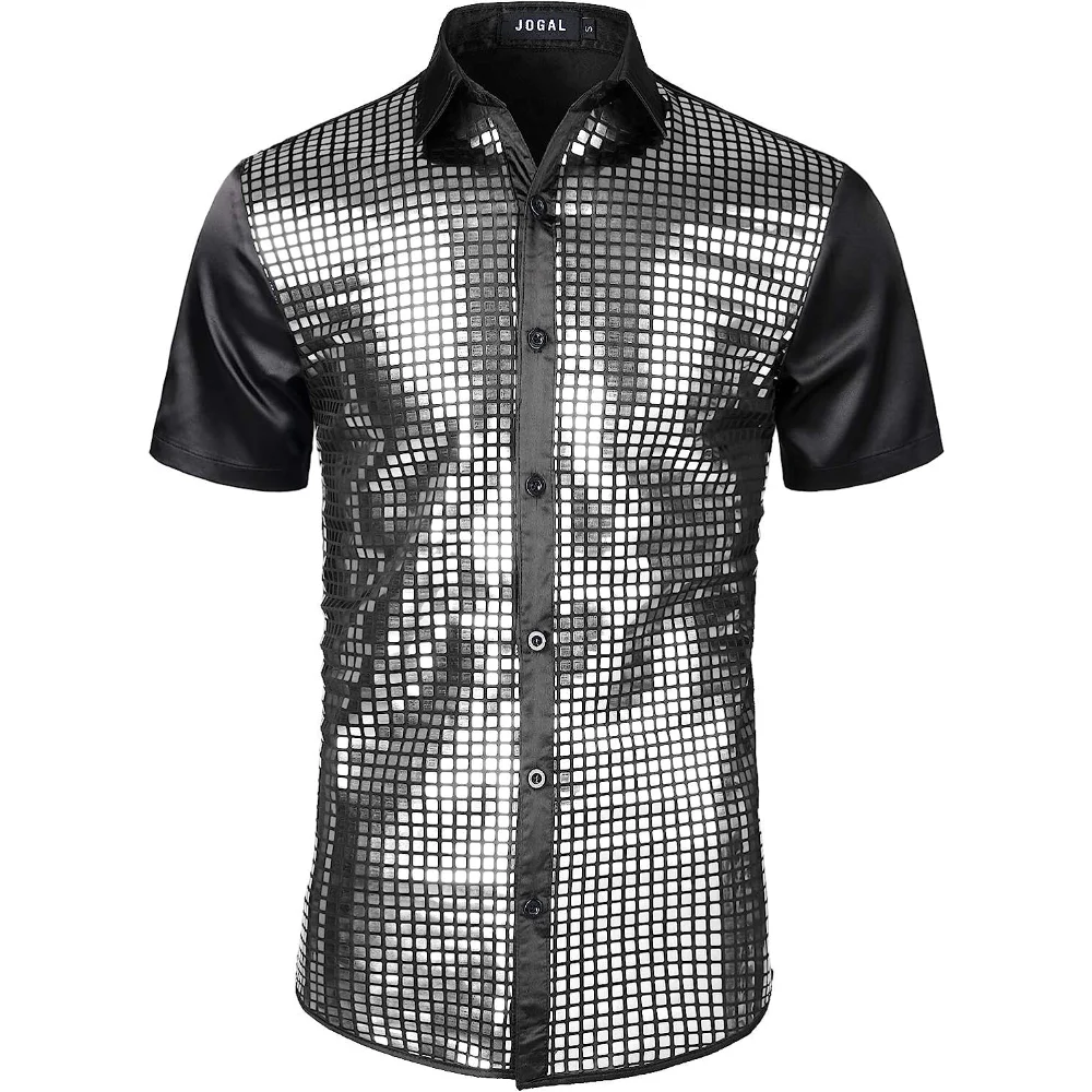 Mens 70s Disco Costume Silver Sequins Short Sleeve Button Down Shirts
Mens 70s Disco Costume Silver Sequins Short Sleeve Button Down Shirts
