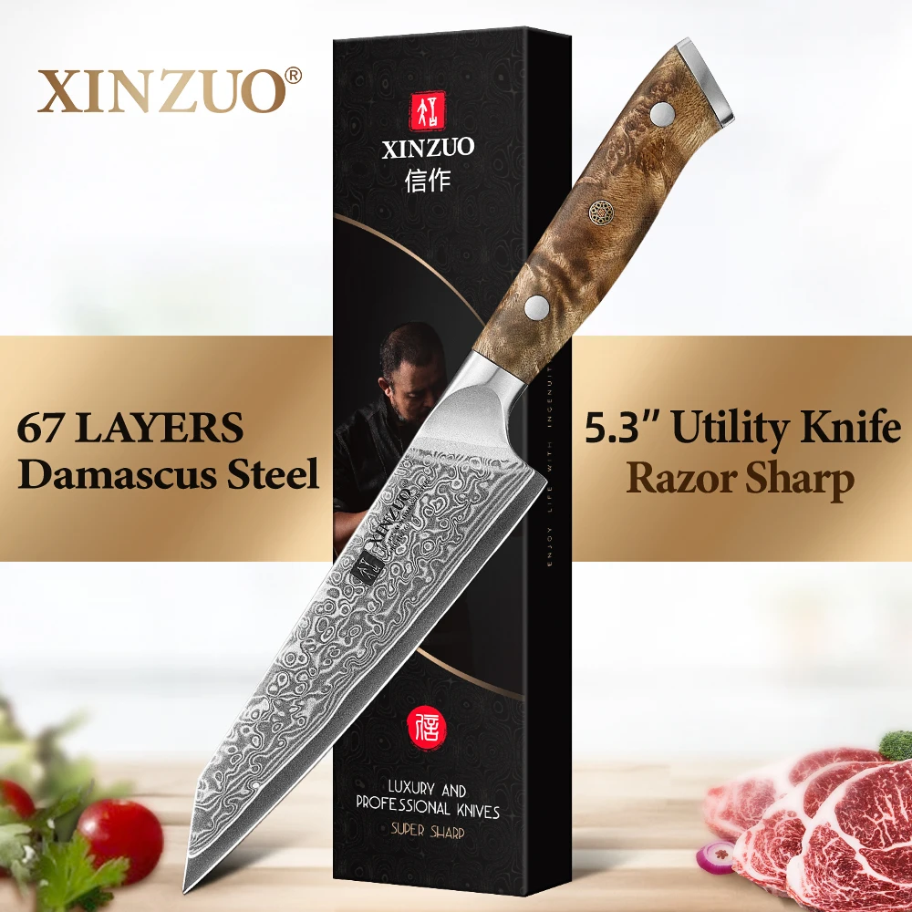 XINZUO 5.3” Inches Utility Knife High-end Damascus Knife 10Cr15CoMoV Core Steel Figured Sycamore Wood Handle Perfect Gifts
XINZUO 5.3” Inches Utility Knife High-end Damascus Knife 10Cr15CoMoV Core Steel Figured Sycamore Wood Handle Perfect Gifts
