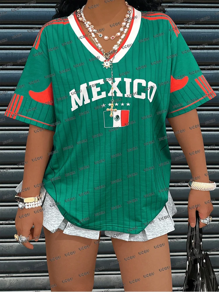 2025 Summer Mexico 23 Print T-Shirt For Women Green Patchwork Short Sleeve Mesh Sports Football Jersey Y2K Loose Oversized Tops
2025 Summer Mexico 23 Print T-Shirt For Women Green Patchwork Short Sleeve Mesh Sports Football Jersey Y2K Loose Oversized Tops