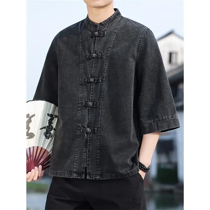 AOWEN Men's Summer Casual Loose Fit Denim Shirt with Button Collar Half Sleeve Traditional Chinese Embroidery Long Pants
AOWEN Men's Summer Casual Loose Fit Denim Shirt with Button Collar Half Sleeve Traditional Chinese Embroidery Long Pants