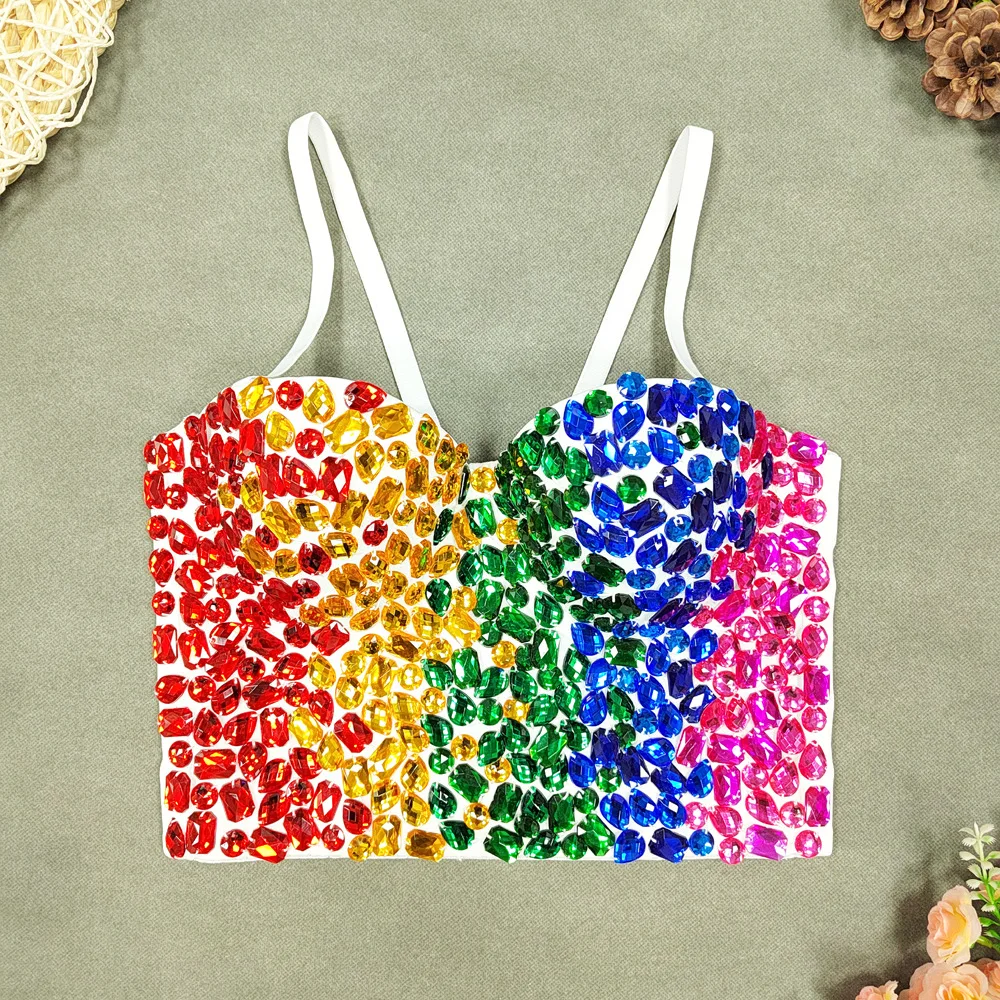 Топ без бретелек для горячих девушек с блестками и бисером, женский красочный топ без бретелек с блестками, сексуальный сценический костюм с открытой спиной 
Топ без бретелек для горячих девушек с блестками и бисером, женский красочный топ без бретелек с блестками, сексуальный сценический костюм с открытой спиной