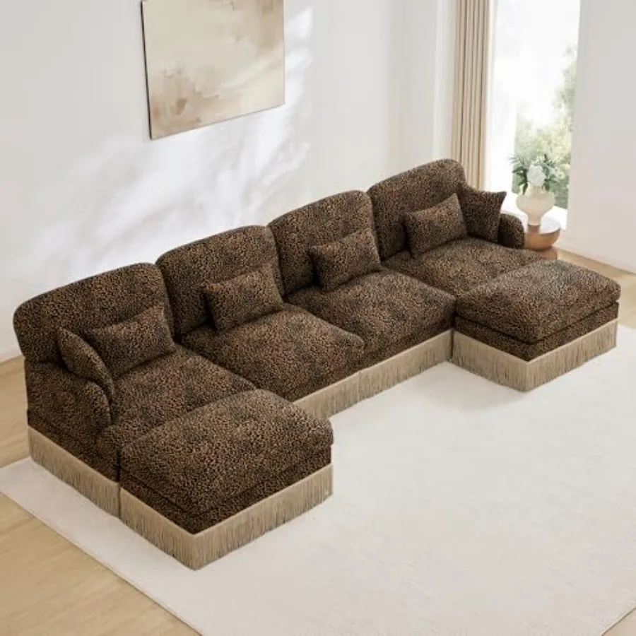 Luxury 131.5" U-Shaped Sofas with Tassel, Modular Sectional Vintage Leopard Print 4 Seater Cloud Sofa Couch with Ottomans, Blac
Luxury 131.5" U-Shaped Sofas with Tassel, Modular Sectional Vintage Leopard Print 4 Seater Cloud Sofa Couch with Ottomans, Blac