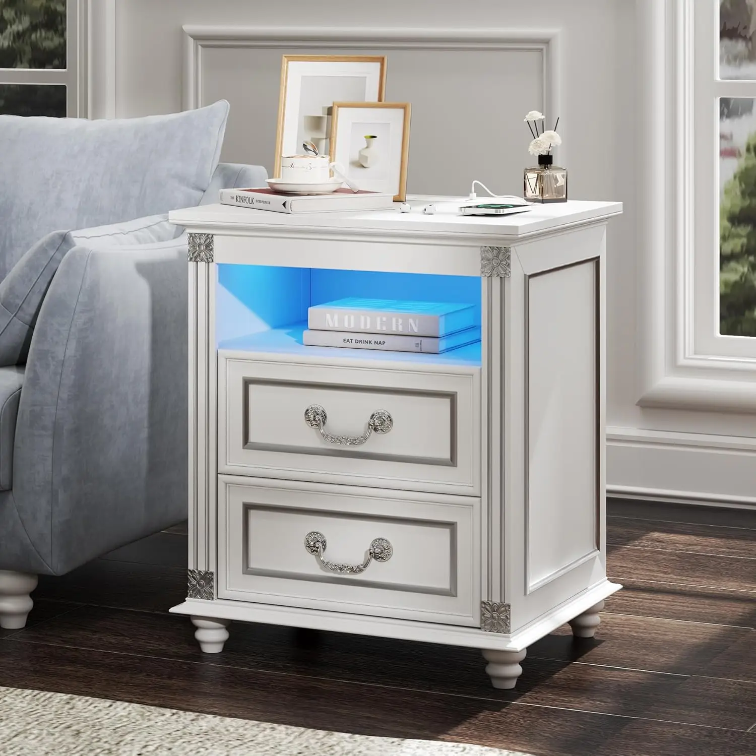 Прикроватная тумбочка с зарядной станцией, тумбочки с 3-цветной светодиодной подсветкой, приставной столик с 2 ящиками для хранения, прикроватный столик
Прикроватная тумбочка с зарядной станцией, тумбочки с 3-цветной светодиодной подсветкой, приставной столик с 2 ящиками для хранения, прикроватный столик