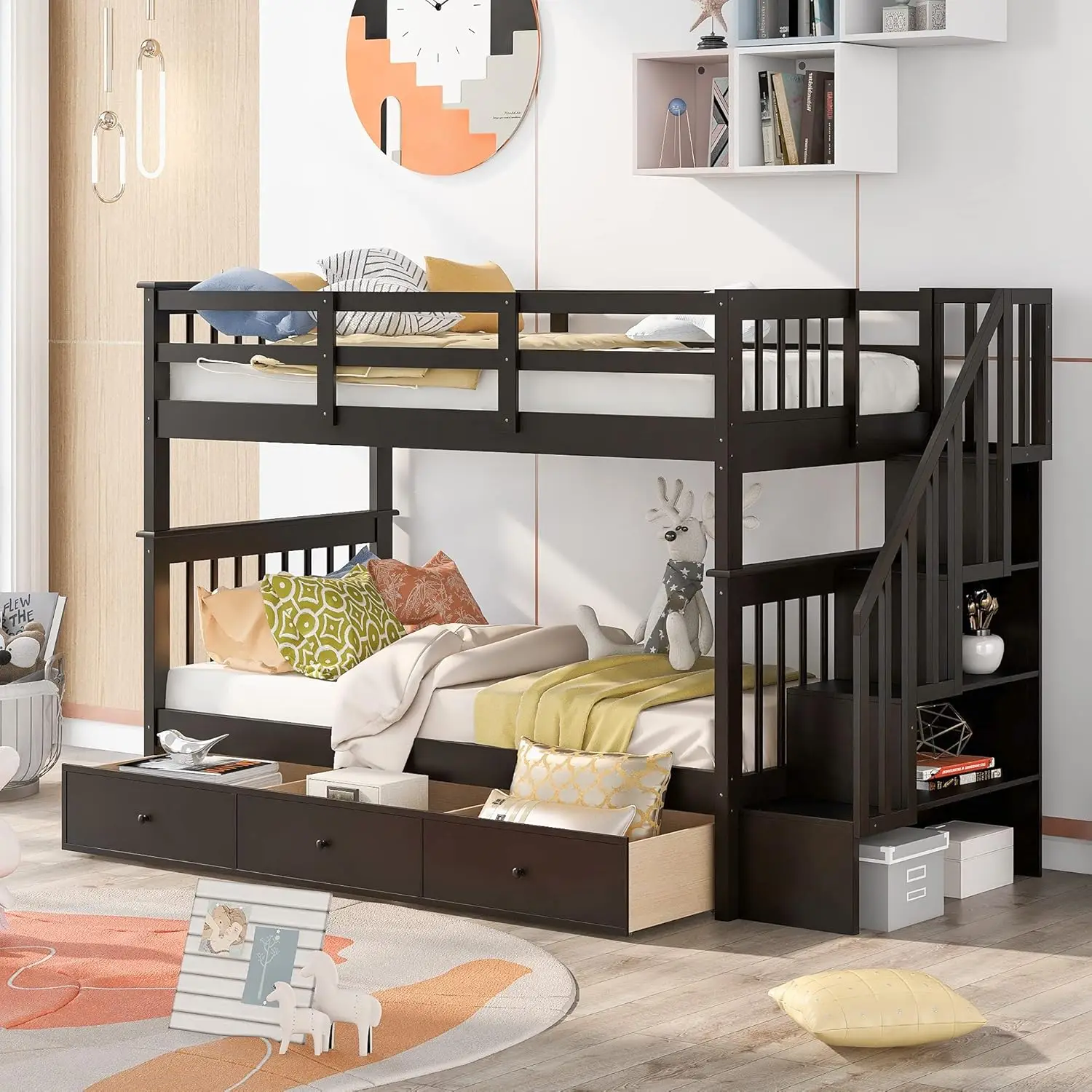 Twin Over Twin Bunk Bed with Stairs and Drawers, Solid Wood Stairway Bunk Bed with Storage for Bedroom, Dorm (Espresso)
Twin Over Twin Bunk Bed with Stairs and Drawers, Solid Wood Stairway Bunk Bed with Storage for Bedroom, Dorm (Espresso)