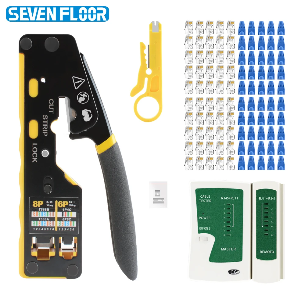 Cat6 RJ45 RJ12 Crimping Tool Kit 8P6P Pass Through Crimper Network Cable Tester Wire Stripper Cat6 50PCS Connectors & Boots
Cat6 RJ45 RJ12 Crimping Tool Kit 8P6P Pass Through Crimper Network Cable Tester Wire Stripper Cat6 50PCS Connectors & Boots