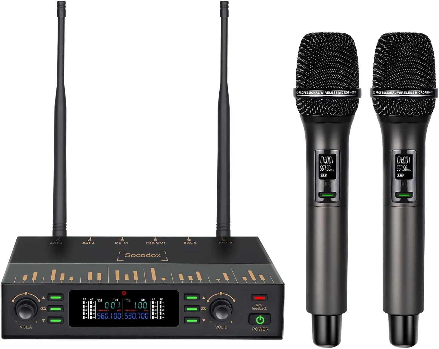 UHF Wireless Microphone System, Dual Metal Handheld Dynamic Cordless Mics Set with Feedback Suppression,Auto Pair,Reverb,262ft R
UHF Wireless Microphone System, Dual Metal Handheld Dynamic Cordless Mics Set with Feedback Suppression,Auto Pair,Reverb,262ft R