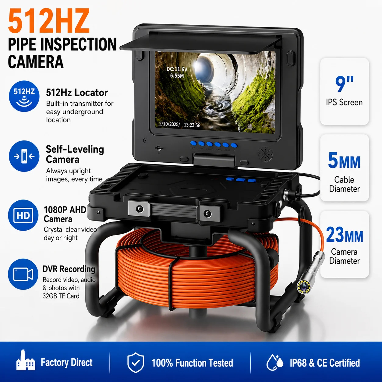 IP68 Waterproof 512HZ Self-leveling Pipe Inspection Camera with 9'' DVR Display for Drain Sewer Pipeline Video Inspection
IP68 Waterproof 512HZ Self-leveling Pipe Inspection Camera with 9'' DVR Display for Drain Sewer Pipeline Video Inspection