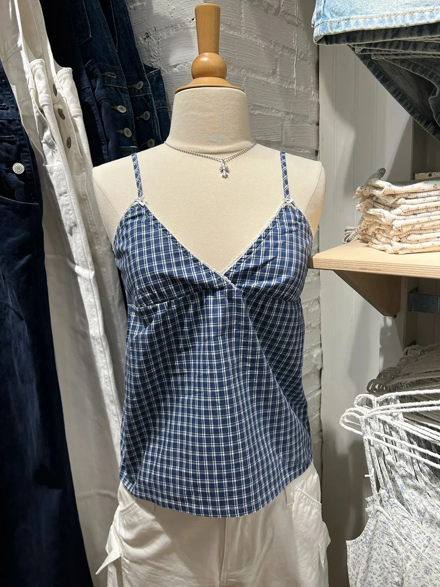 New Blue Plaid Lace-up Tank Top Women Summer Lace Trim Bow V-Neck Sleeveless Camisole Vintage Sweet Cute Cotton Crop Tops Y2k
New Blue Plaid Lace-up Tank Top Women Summer Lace Trim Bow V-Neck Sleeveless Camisole Vintage Sweet Cute Cotton Crop Tops Y2k