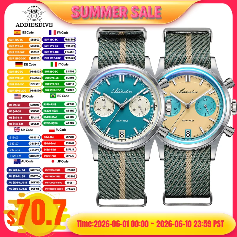 ADDIESDIVE AD2095 Man‘s Chronograph Watch BGW9 Super Luminous 10Bar Waterproof Bubble Mirror Glass VK64 Quartz Steel Wristwatch
ADDIESDIVE AD2095 Man‘s Chronograph Watch BGW9 Super Luminous 10Bar Waterproof Bubble Mirror Glass VK64 Quartz Steel Wristwatch