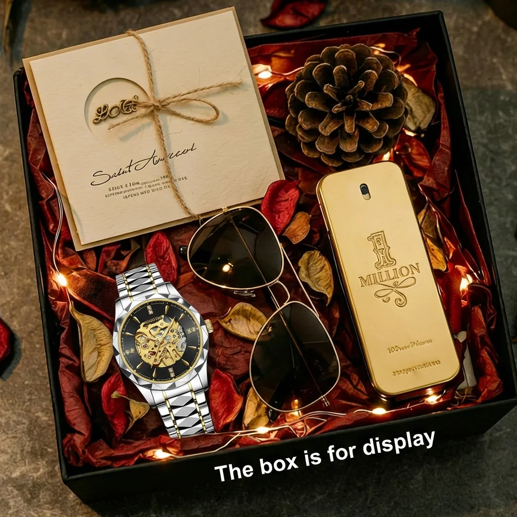 4pcs Men's Two-tone Silver Gold Black Dial Metal Strap Luxury Skeleton Diamond Sunglasses Perfume Mechanical Watch Gift Set
4pcs Men's Two-tone Silver Gold Black Dial Metal Strap Luxury Skeleton Diamond Sunglasses Perfume Mechanical Watch Gift Set