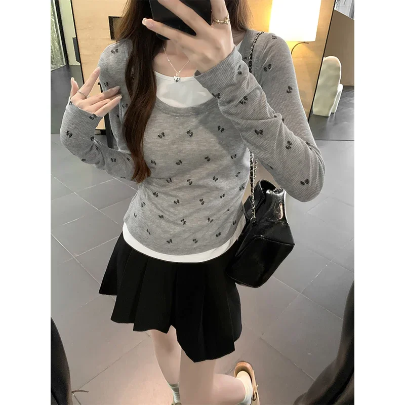 New Chic Gray Fake Two Pieces Bow Print Long Sleeve T-shirt Women Autumn Fashion Slim Tshirts Korean Style Woman Casual Tops
New Chic Gray Fake Two Pieces Bow Print Long Sleeve T-shirt Women Autumn Fashion Slim Tshirts Korean Style Woman Casual Tops