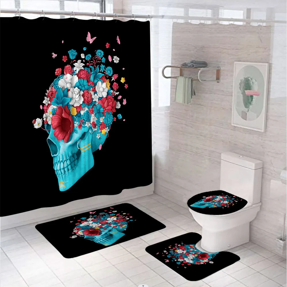 Halloween Teal Skull Shower Curtain Set Bathroom Decor With 12 Hook Floral Butterfly Non-Slip Rug Toilet Lid Cover Bath Mat Home
Halloween Teal Skull Shower Curtain Set Bathroom Decor With 12 Hook Floral Butterfly Non-Slip Rug Toilet Lid Cover Bath Mat Home