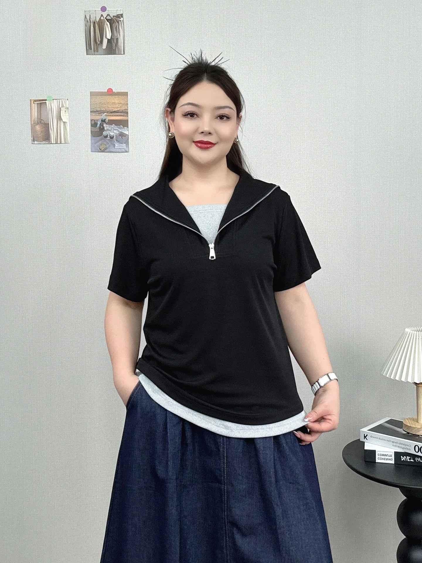 Casual Navy Collar Half Zip Short Sleeve T-Shirt Women's plus Size Summer New Style Slimming Belly Covering Loose Top
Casual Navy Collar Half Zip Short Sleeve T-Shirt Women's plus Size Summer New Style Slimming Belly Covering Loose Top