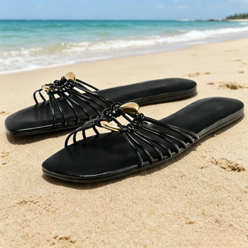 Designer Flat Sandals for Women Metal Detail Narrow Strap Hollow Design Slippers Bohemian Style Comfortable Beach Casual Shoes
Designer Flat Sandals for Women Metal Detail Narrow Strap Hollow Design Slippers Bohemian Style Comfortable Beach Casual Shoes