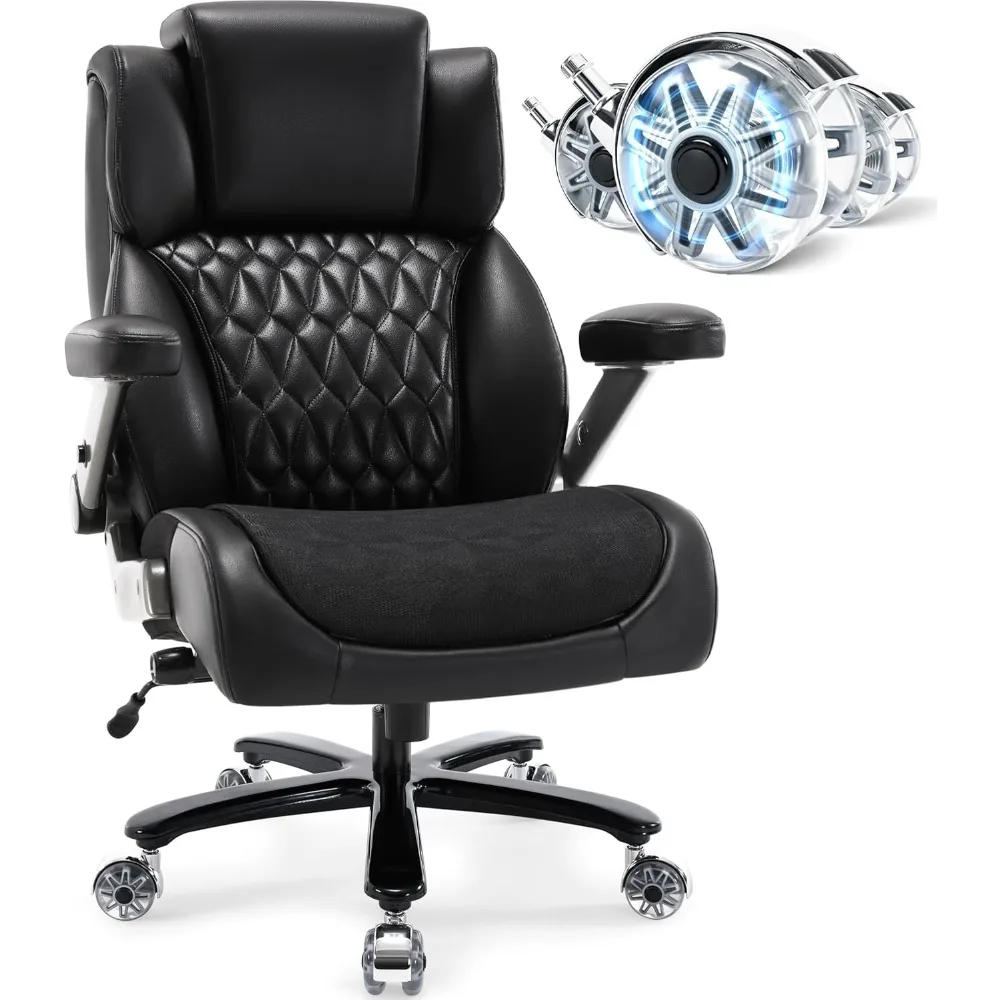 "heavy duty high back office chair with adjustable lumbar support and headrest for up to 400lbs, quiet rubber wheels, and metal
"heavy duty high back office chair with adjustable lumbar support and headrest for up to 400lbs, quiet rubber wheels, and metal
