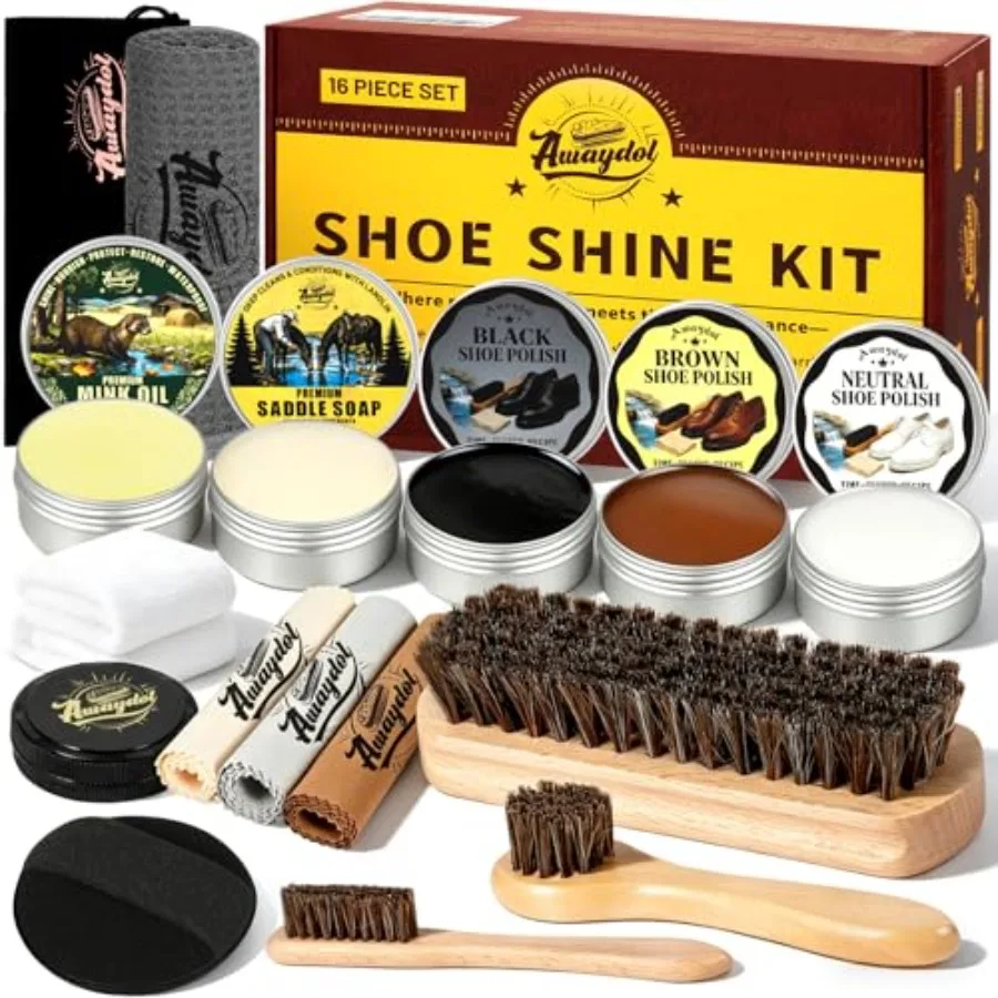 Shoe Shine Kit 16-in-1 Leather Shoe Polish Kit with Saddle Soap, Mink Oil, Black/Brown/Neutral Shoe Polish, Horsehair Brushes,
Shoe Shine Kit 16-in-1 Leather Shoe Polish Kit with Saddle Soap, Mink Oil, Black/Brown/Neutral Shoe Polish, Horsehair Brushes,