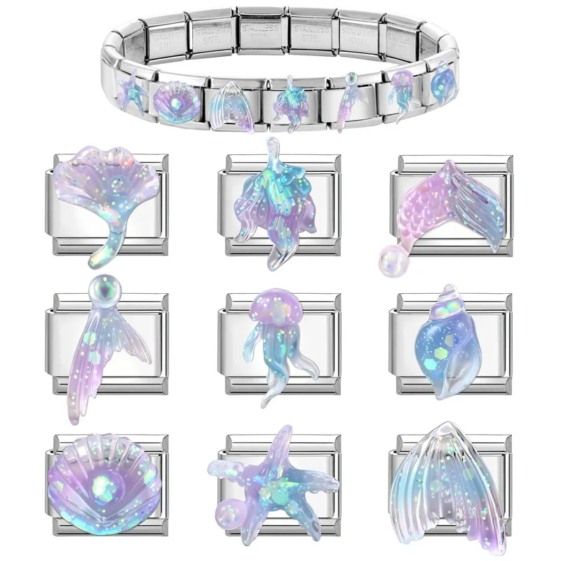 9mm Italian Charm Links Holographic Mermaid Tail Shell Starfish Stainless Steel Modular Bracelet For DIY Jewelry Making Gift
9mm Italian Charm Links Holographic Mermaid Tail Shell Starfish Stainless Steel Modular Bracelet For DIY Jewelry Making Gift