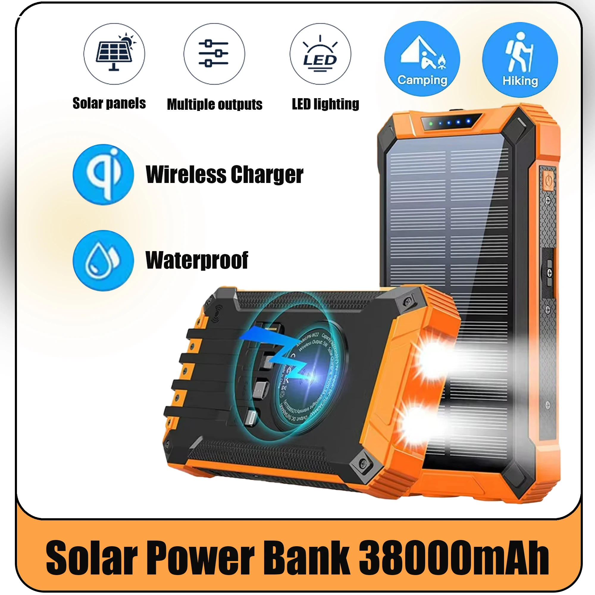 New 38000mAh Multifunctional Solar Power Bank Mobile Power Fast Charging Battery with 4 Cables Wireless Charger LED Flashlight
New 38000mAh Multifunctional Solar Power Bank Mobile Power Fast Charging Battery with 4 Cables Wireless Charger LED Flashlight