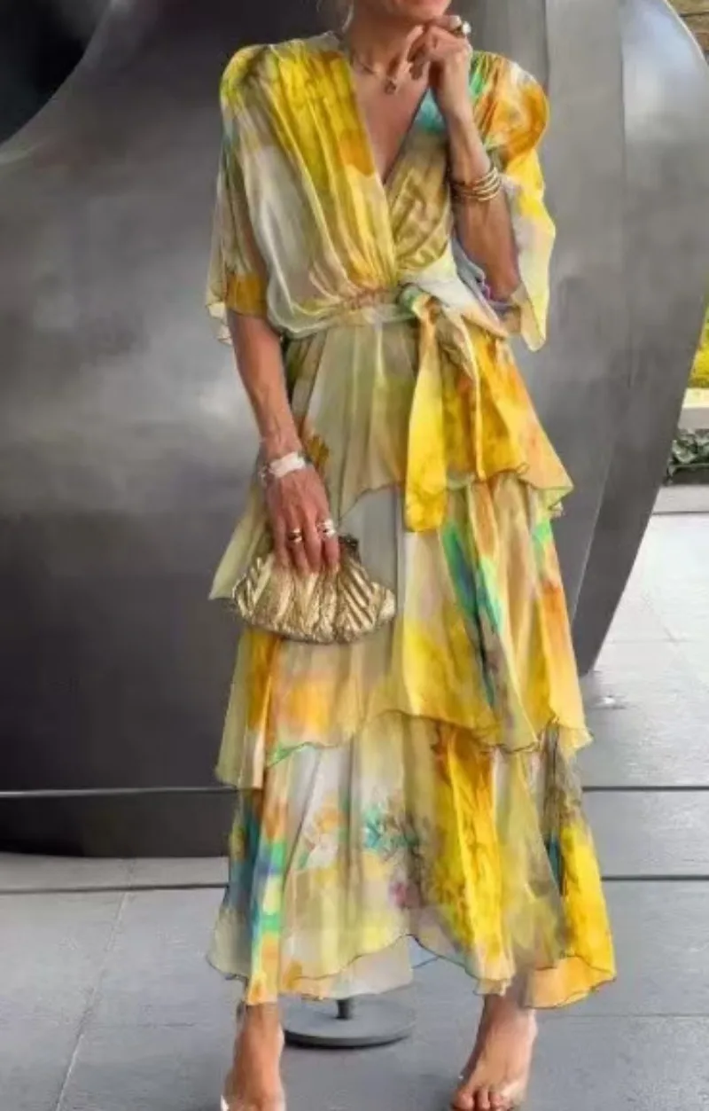 Fashion Women Printed Waist Cinching Dress Summer V Neck Long Dress Half Sleeve Ruffle Hem Dresses Lady Bohemia Party Robe Y2k
Fashion Women Printed Waist Cinching Dress Summer V Neck Long Dress Half Sleeve Ruffle Hem Dresses Lady Bohemia Party Robe Y2k