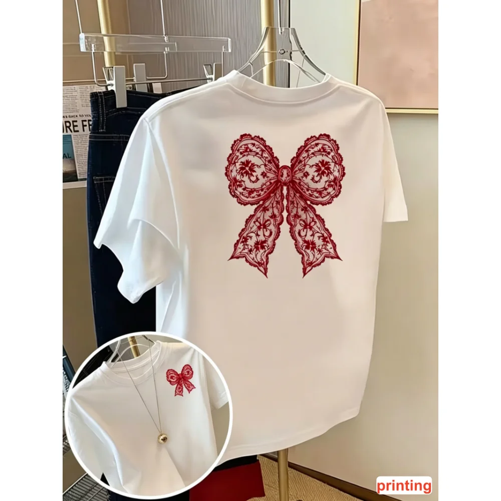 Retro Lace Bow Graphic T-Shirt Crew Neck Short Sleeve Casual Top Women Casual Tops Daily Streetwear Women's T-shirt
Retro Lace Bow Graphic T-Shirt Crew Neck Short Sleeve Casual Top Women Casual Tops Daily Streetwear Women's T-shirt